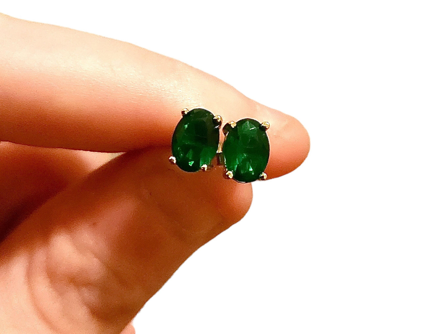 Green Emerald Earrings Stud Silver Earrings 7x4MM Oval Emerald Sterling Silver Earrings Studs Emerald Jewelry for Women Sterling Silver - leoshopdeals