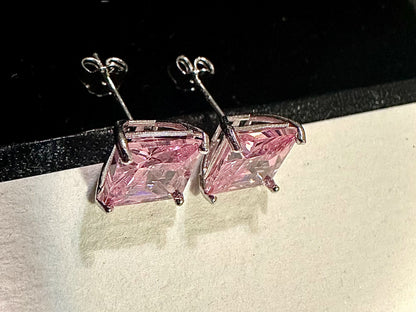 925 Sterling Silver Pink Tourmaline Stud Earrings Princess Cut 6MM Birthstone Gift - leoshopdeals