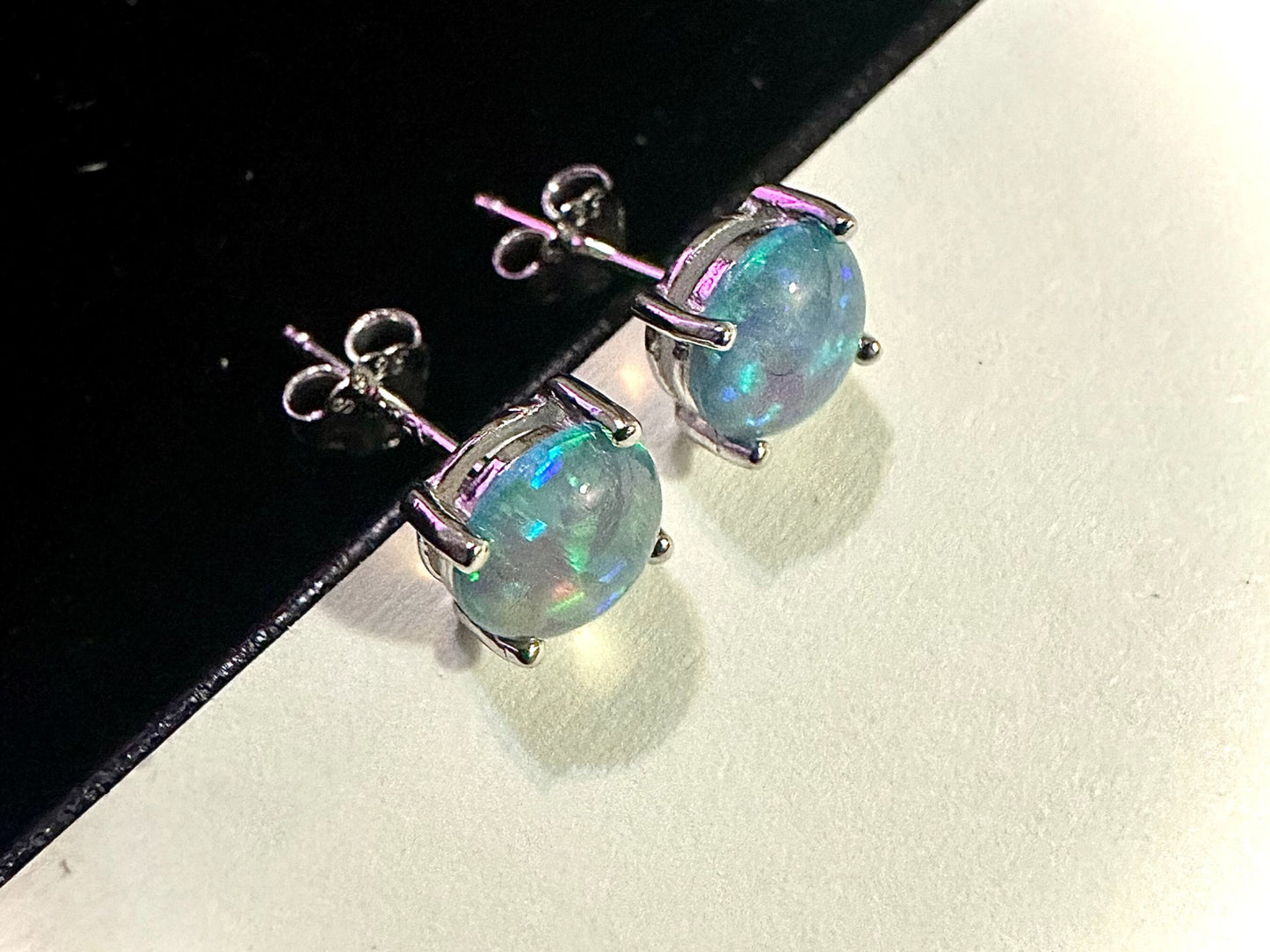 925 Sterling Silver Blue Fire Opal Stud Earrings for Women 6MM Birthstone Gift - leoshopdeals