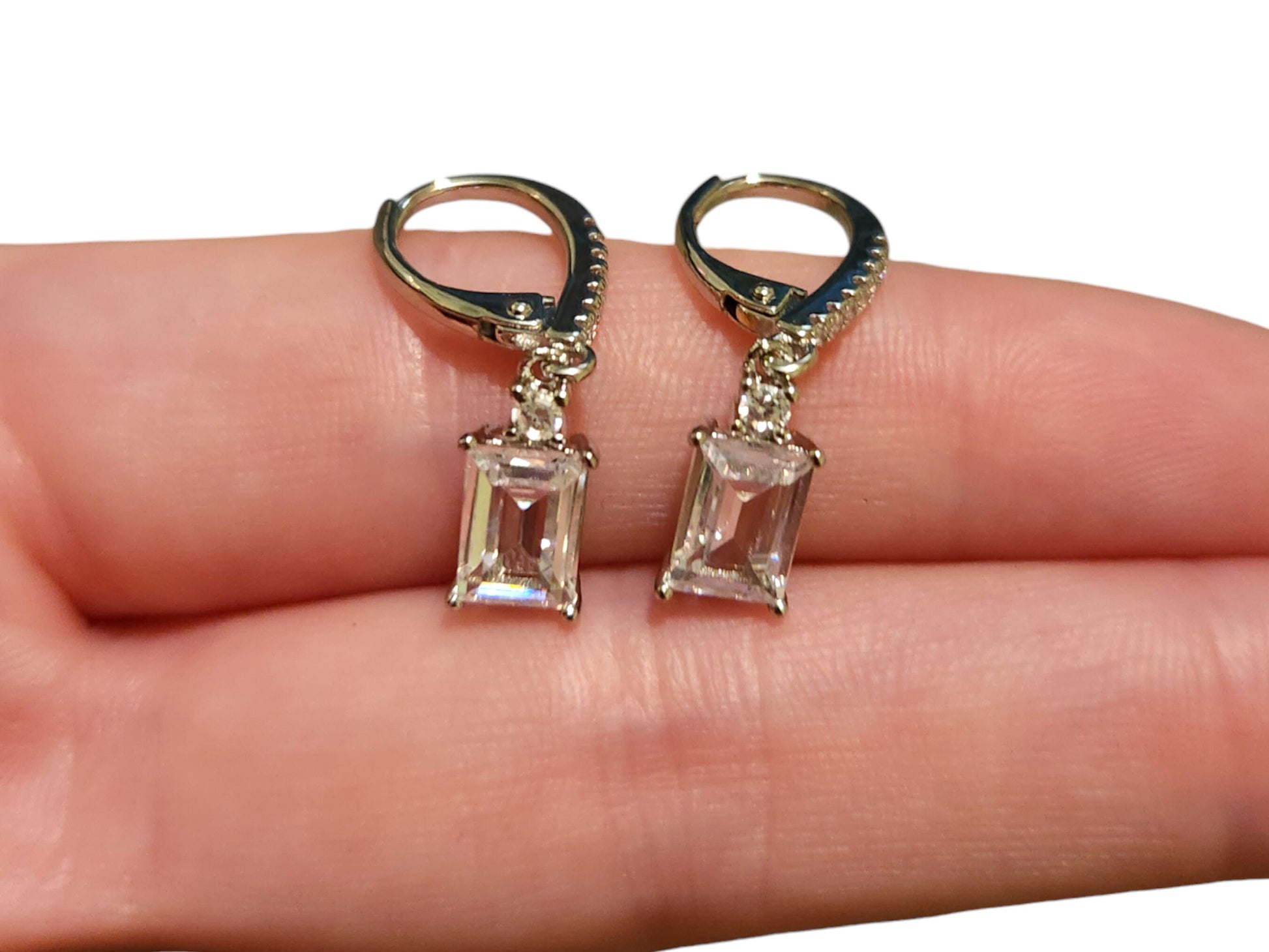 Dangle and Drop Earrings Dangle 18K White Gold Plated, Cubic Zirconia Earrings Dangle, Emerald Cut Earrings Dangle, Dangle Earrings Women - leoshopdeals