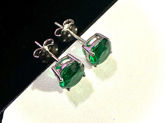 925 Sterling Silver Emerald Stud Earrings for Women 6MM Gift Birthstone - leoshopdeals