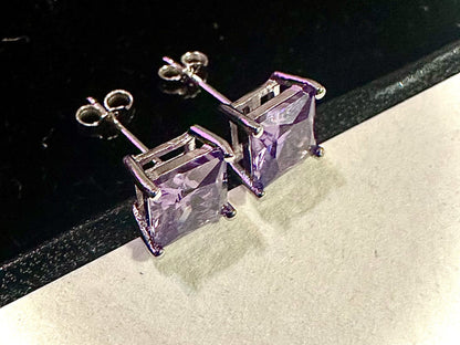 925 Sterling Silver Princess Cut Amethyst for Women 6MM Birthstone Gift - leoshopdeals