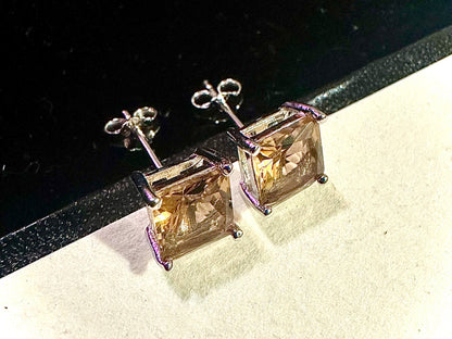 925 Sterling Silver Princess Cut Citrine Stud Earrings for Women 6MM Birthstone Gift - leoshopdeals