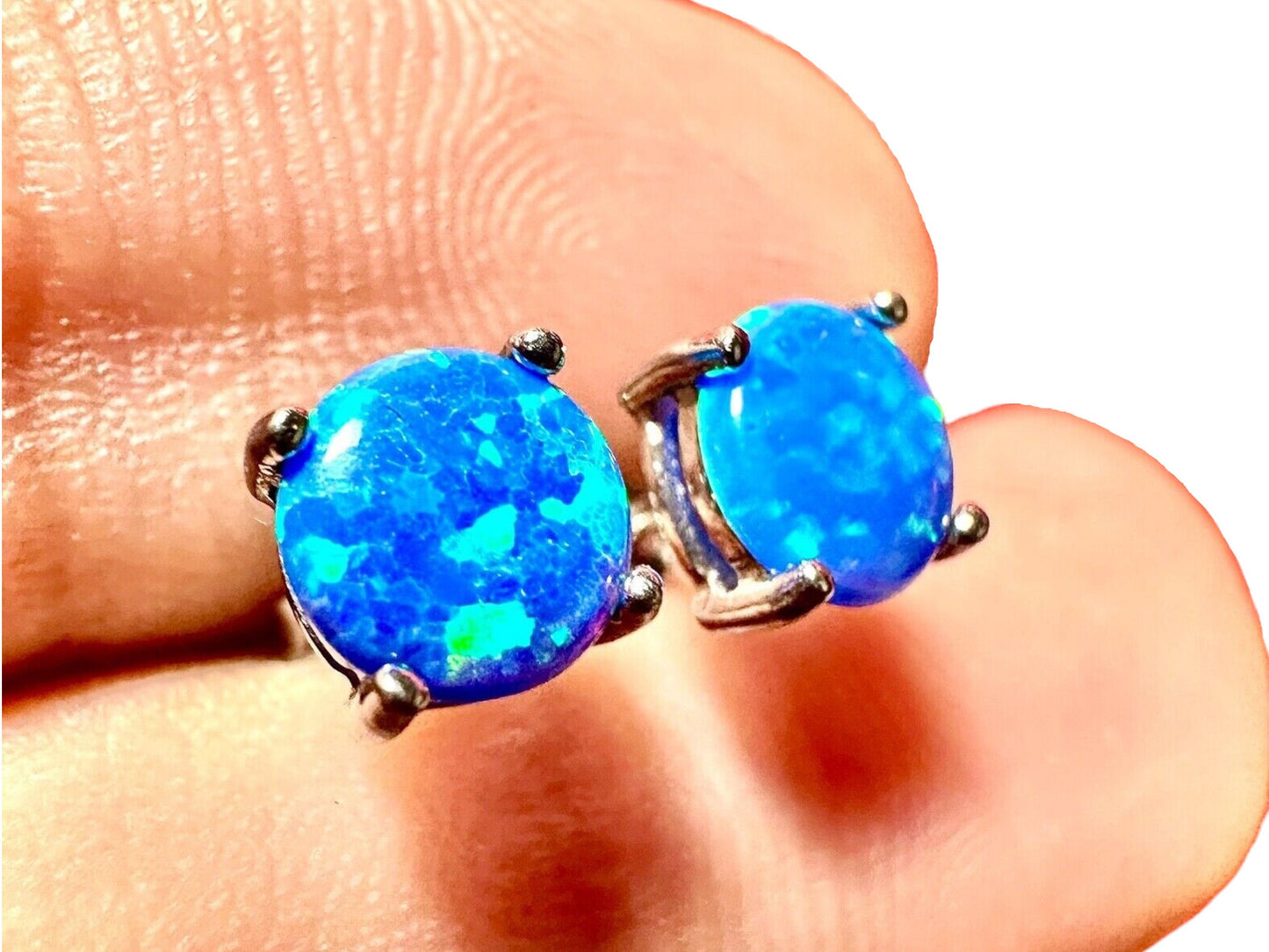 Blue Fire Opal Earrings Stud Sterling Silver 925, 6MM Stud Earrings for Women, Blue Earrings Studs Silver, Birthstone Earrings, Gift - leoshopdeals