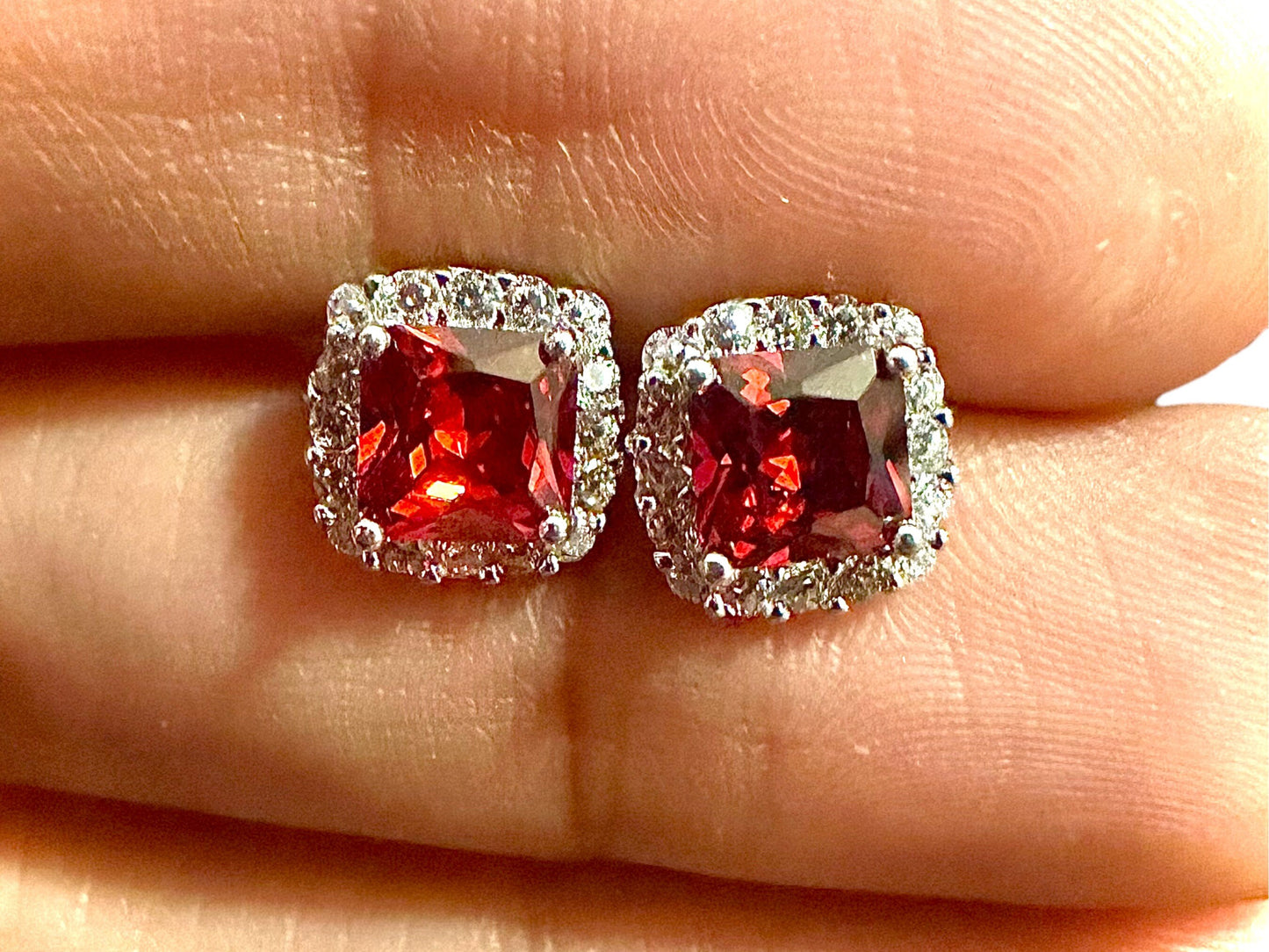 Ruby Earrings Stud Sterling Silver 925, Cushion Cut Earrings, 9.9mm Ruby and White Topaz Halo Earrings, Stud Earrings for Women - leoshopdeals