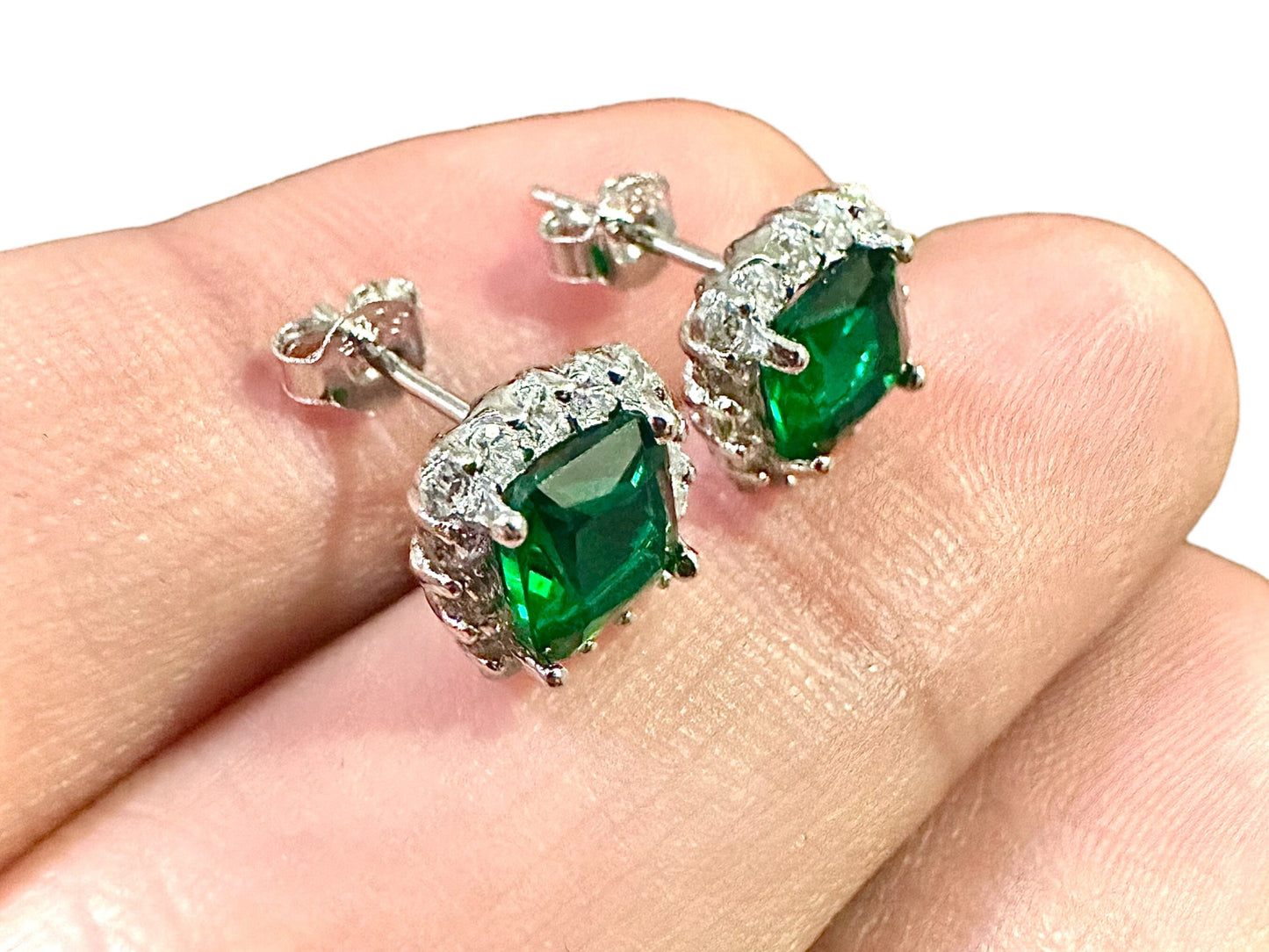 Emerald Earrings Stud Sterling Silver 925, Cushion Cut Earrings, 9.9mm Emerald and White Topaz Halo Earrings, Stud Earrings for Women - leoshopdeals