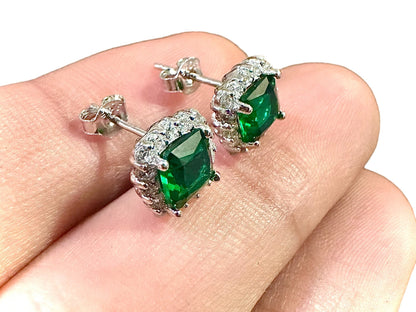 925 Sterling Silver Emerald Earrings Studs for Women 9MM Cushion Cut Gift - leoshopdeals