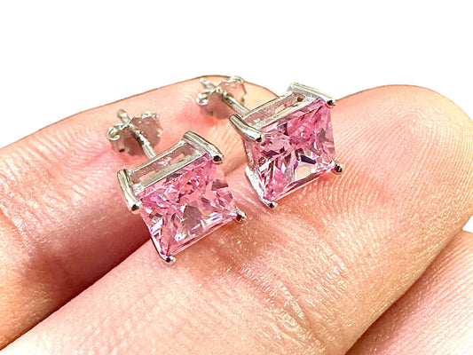 Princess Cut Pink Tourmaline Earrings, 925 Sterling Silver Earrings, Pink Earrings, Silver Stud Earrings, Earrings for Women, Earrings Studs - leoshopdeals