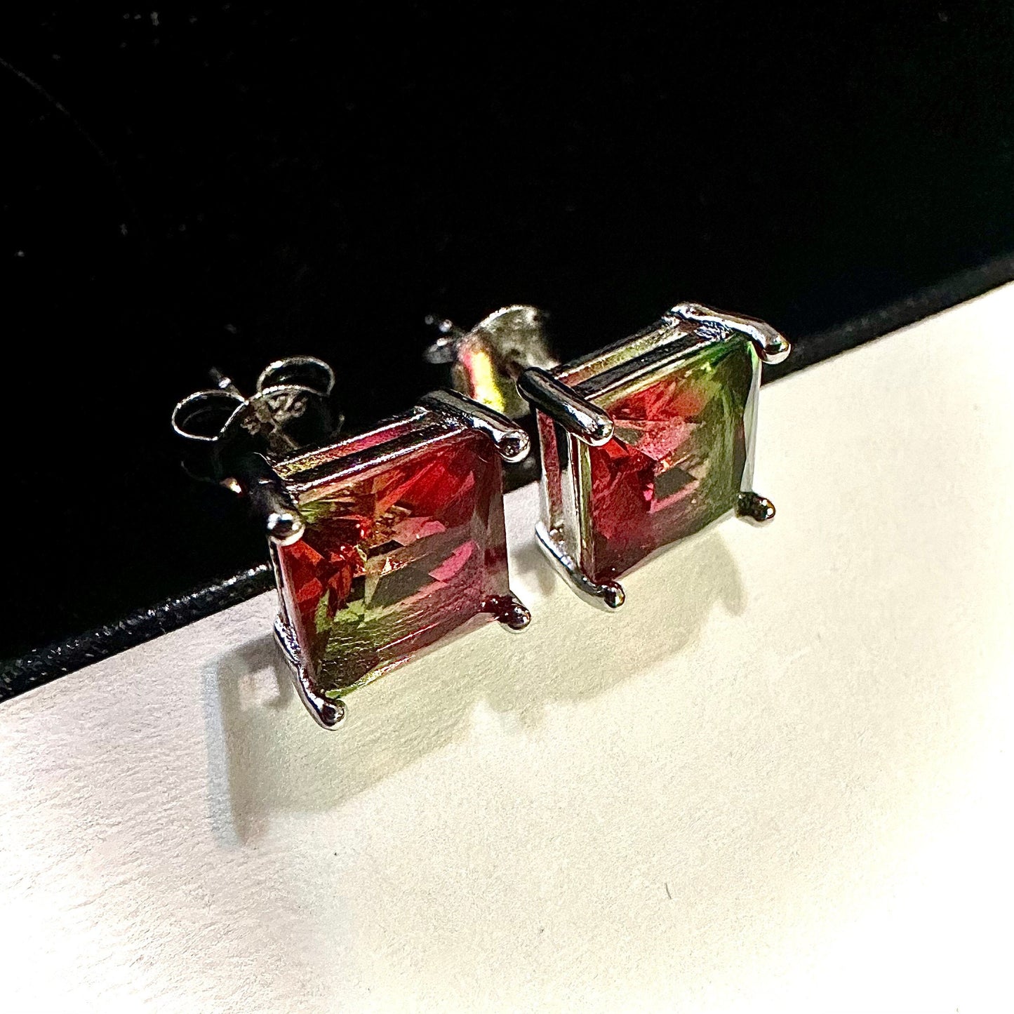 925 Sterling Silver Tourmaline Earrings Studs for Women Princess Cut 6MM Gift - leoshopdeals