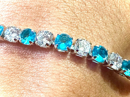 Blue Topaz bracelet 18K White Gold Plated, 7.5 inch Tennis Bracelet Women, Birthstone Bracelet, 3MM Blue Topaz Jewelry, Bracelets for Women - leoshopdeals