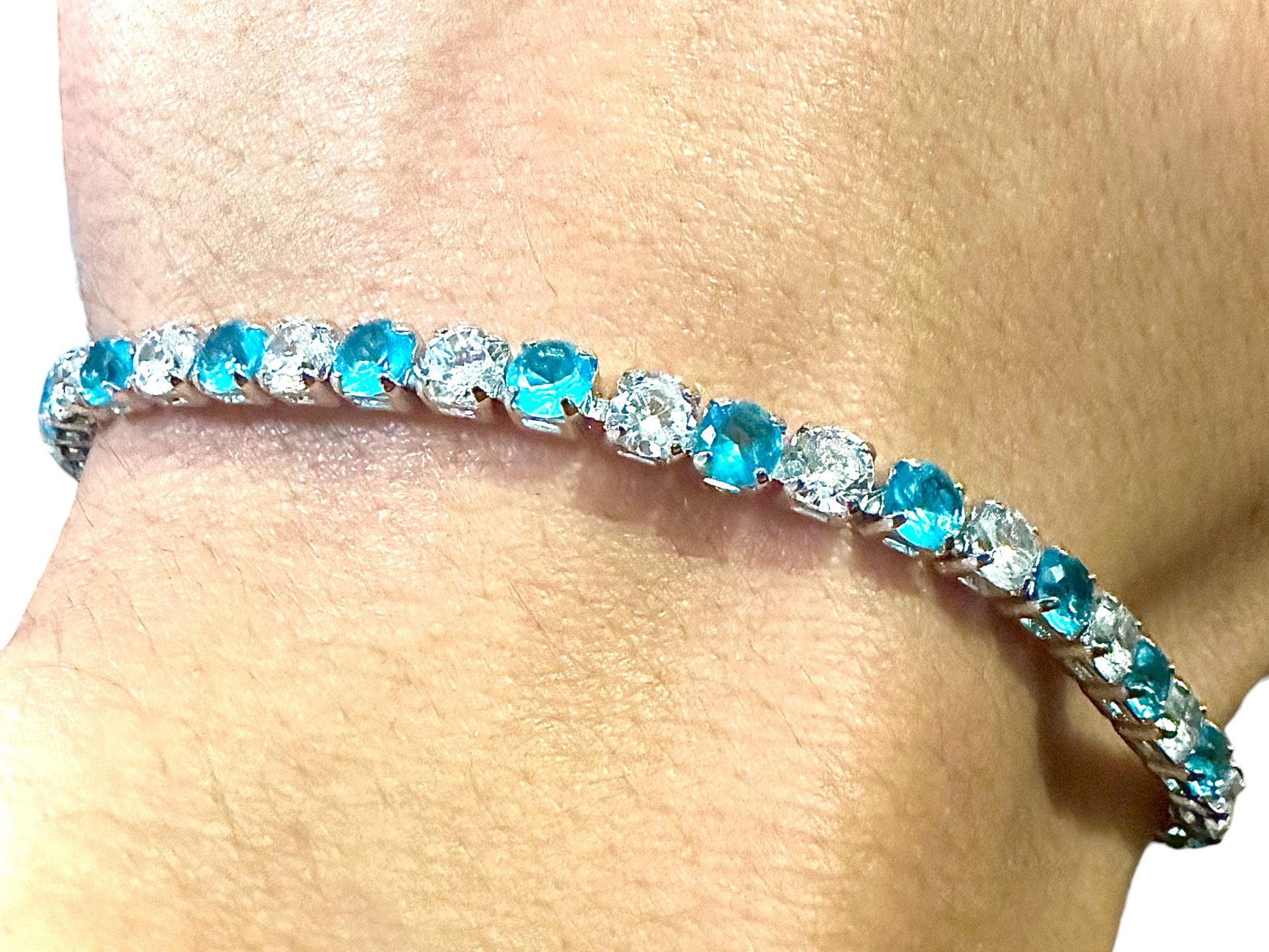 Blue Topaz bracelet 18K White Gold Plated, 7.5 inch Tennis Bracelet Women, Birthstone Bracelet, 3MM Blue Topaz Jewelry, Bracelets for Women - leoshopdeals