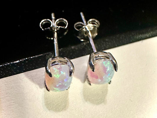 925 Sterling Silver Opal Stud Earrings for Women 7X5MM Oval Cut - leoshopdeals