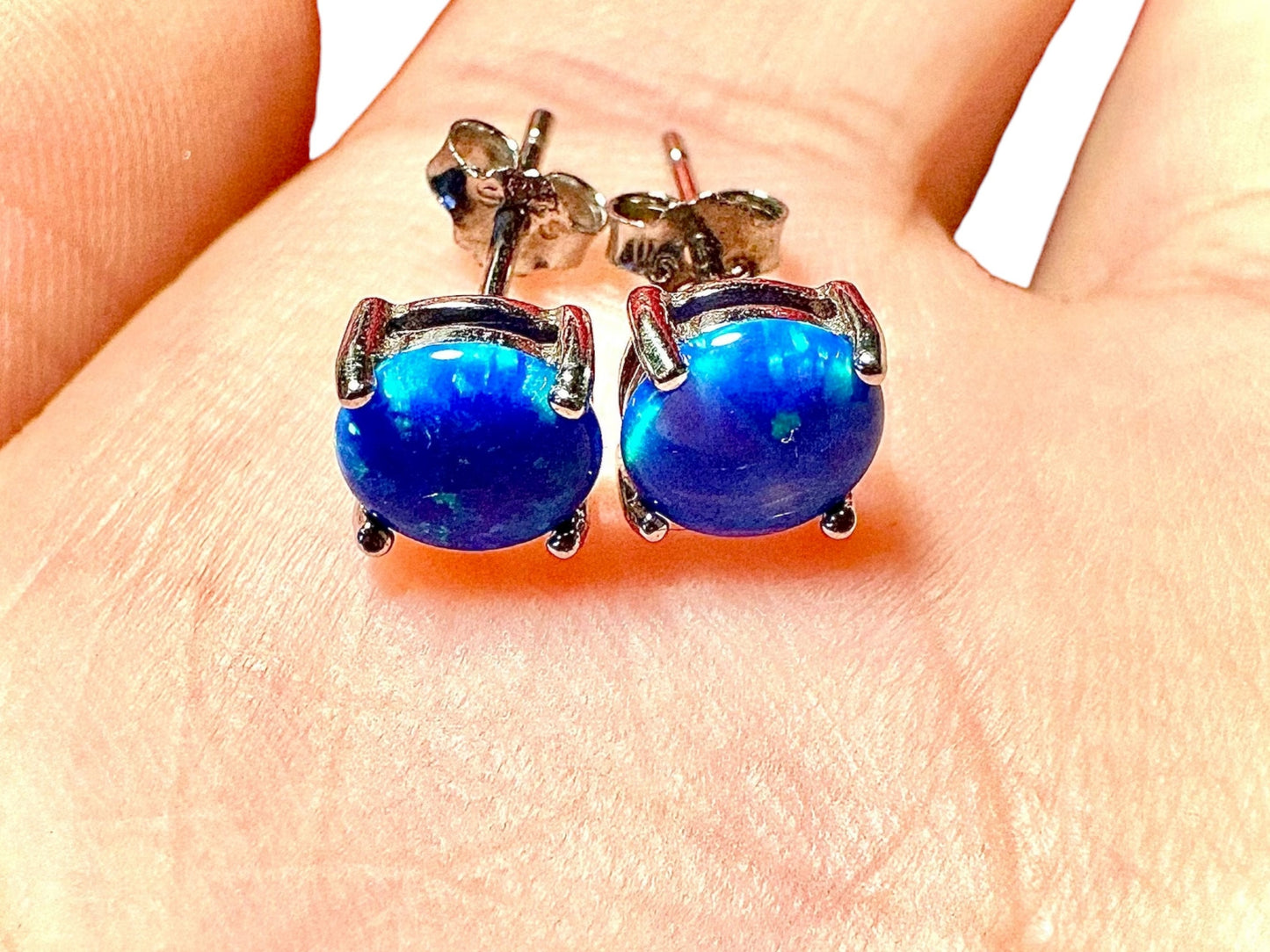 Blue Fire Opal Earrings Stud Sterling Silver 925, 6MM Stud Earrings for Women, Blue Earrings Studs Silver, Birthstone Earrings, Gift - leoshopdeals