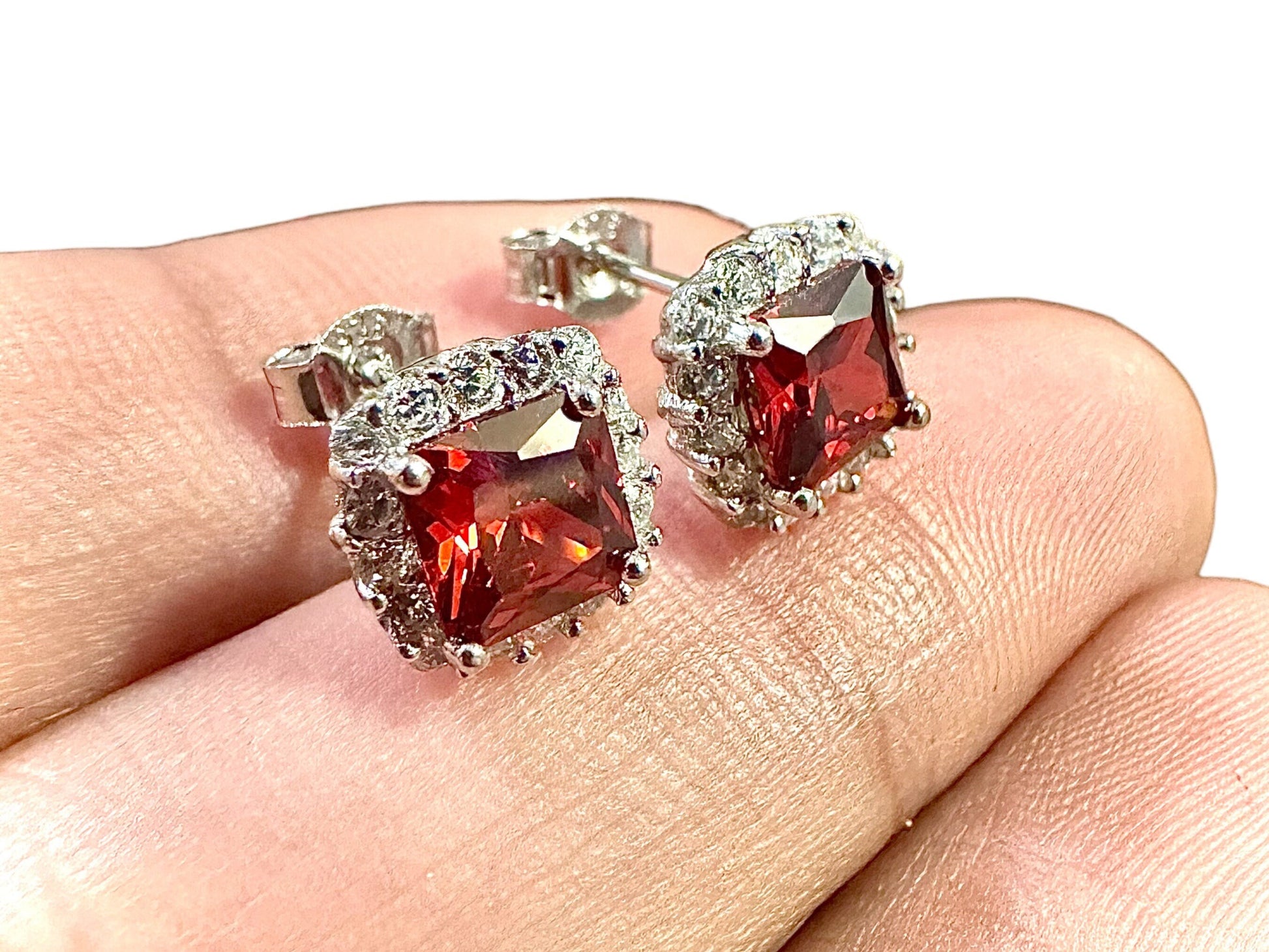 Ruby Earrings Stud Sterling Silver 925, Cushion Cut Earrings, 9.9mm Ruby and White Topaz Halo Earrings, Stud Earrings for Women - leoshopdeals