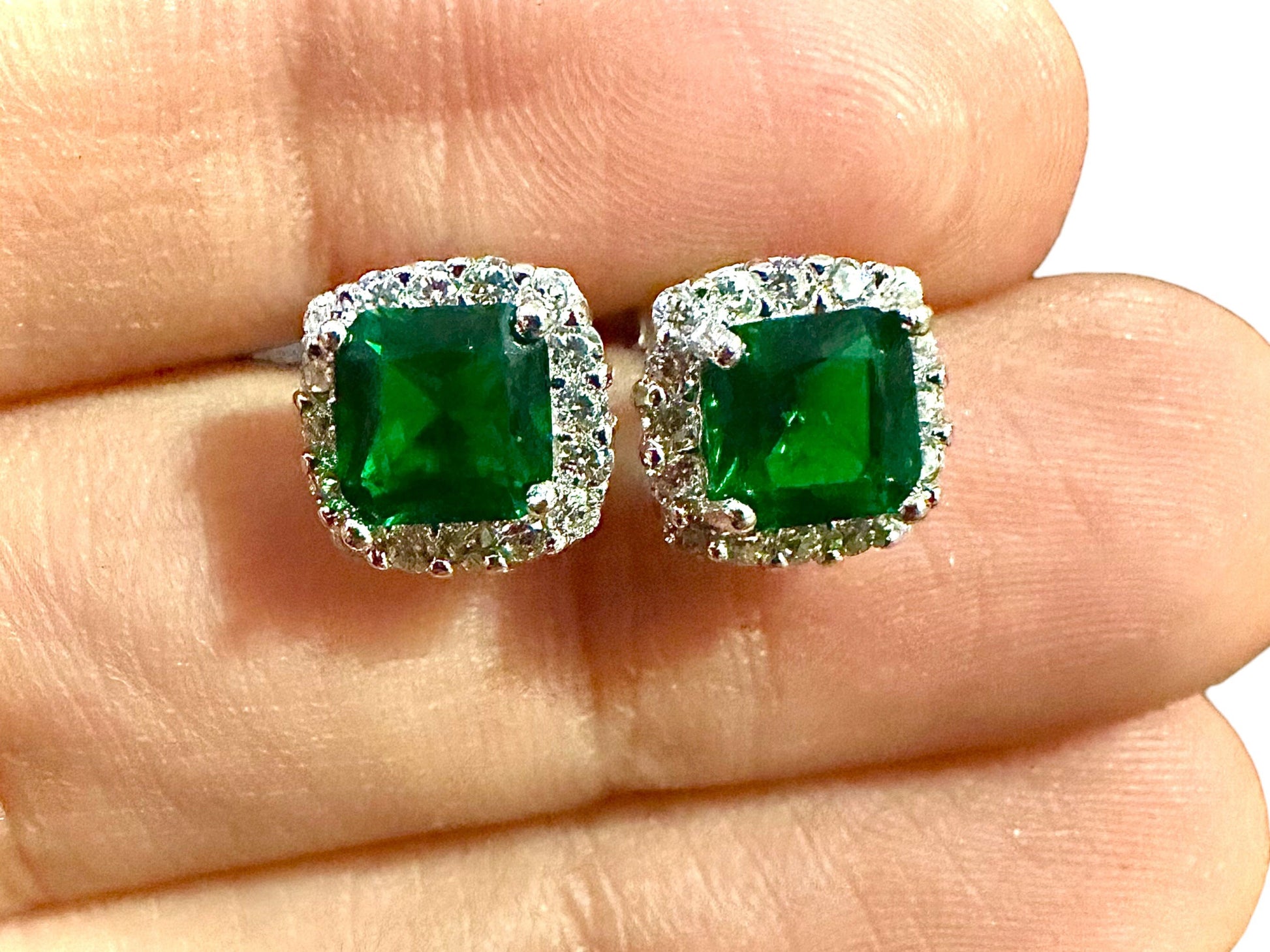 Emerald Earrings Stud Sterling Silver 925, Cushion Cut Earrings, 9.9mm Emerald and White Topaz Halo Earrings, Stud Earrings for Women - leoshopdeals