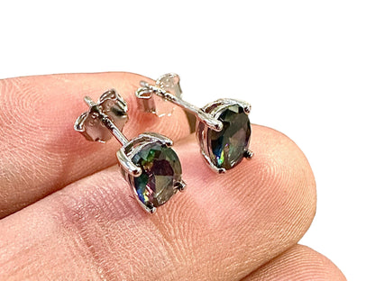 Mystic Topaz Earrings Stud Silver Earrings 7x4MM Oval Mystic Topaz Sterling Silver Earrings Studs Topaz Jewelry for Women Sterling Silver - leoshopdeals