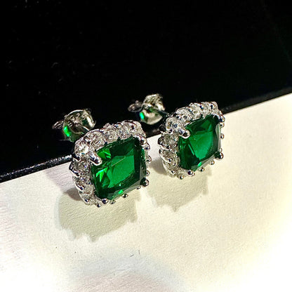 925 Sterling Silver Emerald Earrings Studs for Women 9MM Cushion Cut Gift - leoshopdeals