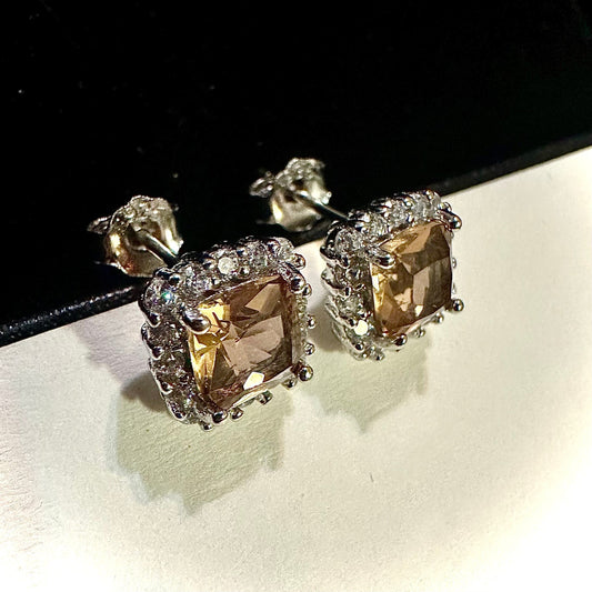 925 Sterling Silver Morganite Earrings Studs 9MM for Women Cushion Cut Gift - leoshopdeals