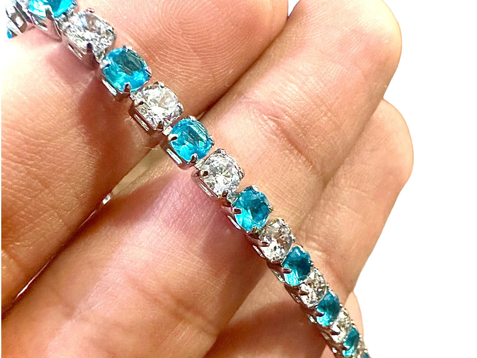 Blue Topaz bracelet 18K White Gold Plated, 7.5 inch Tennis Bracelet Women, Birthstone Bracelet, 3MM Blue Topaz Jewelry, Bracelets for Women - leoshopdeals