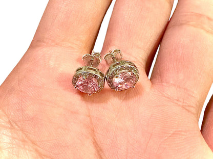 Pink CZ Earrings Stud, 9MM Stud Earrings for Women Sterling Silver 925, White Topaz Earrings, Earrings Studs Silver, Pink Earrings Studs - leoshopdeals