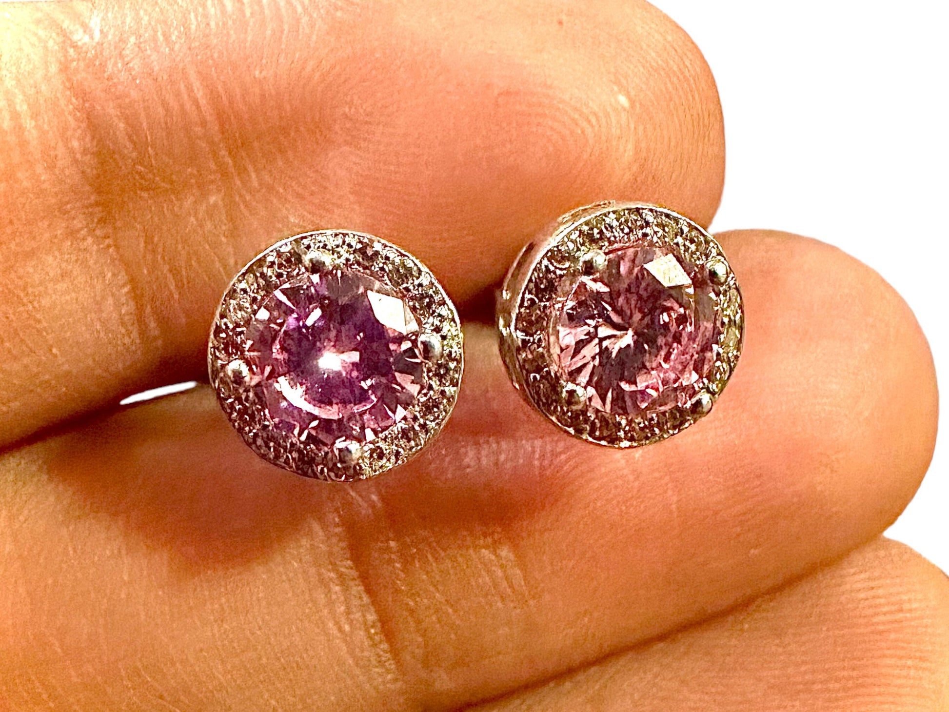 Pink CZ Earrings Stud, 9MM Stud Earrings for Women Sterling Silver 925, White Topaz Earrings, Earrings Studs Silver, Pink Earrings Studs - leoshopdeals