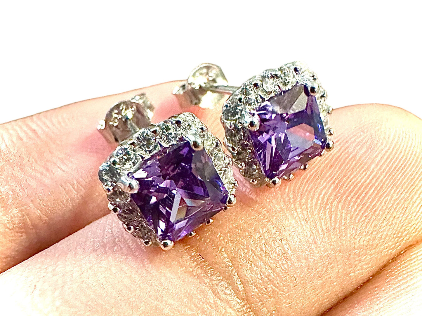 Amethyst Earrings Stud Sterling Silver 925, Cushion Cut Earrings, 9.9mm Amethyst and White Topaz Halo Earrings, Stud Earrings for Women - leoshopdeals