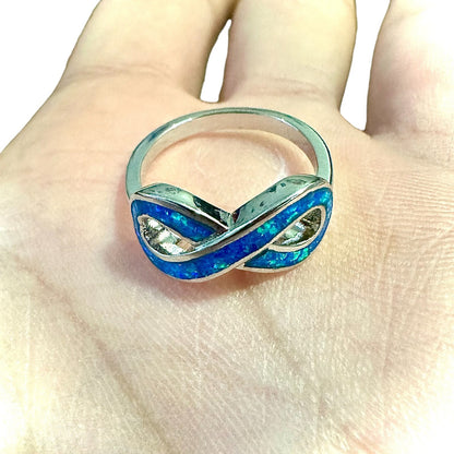 Blue Opal Infinity Ring for Women Silver Plated Size 6 7 8 9 Minimalist Ring Love Knot - leoshopdeals