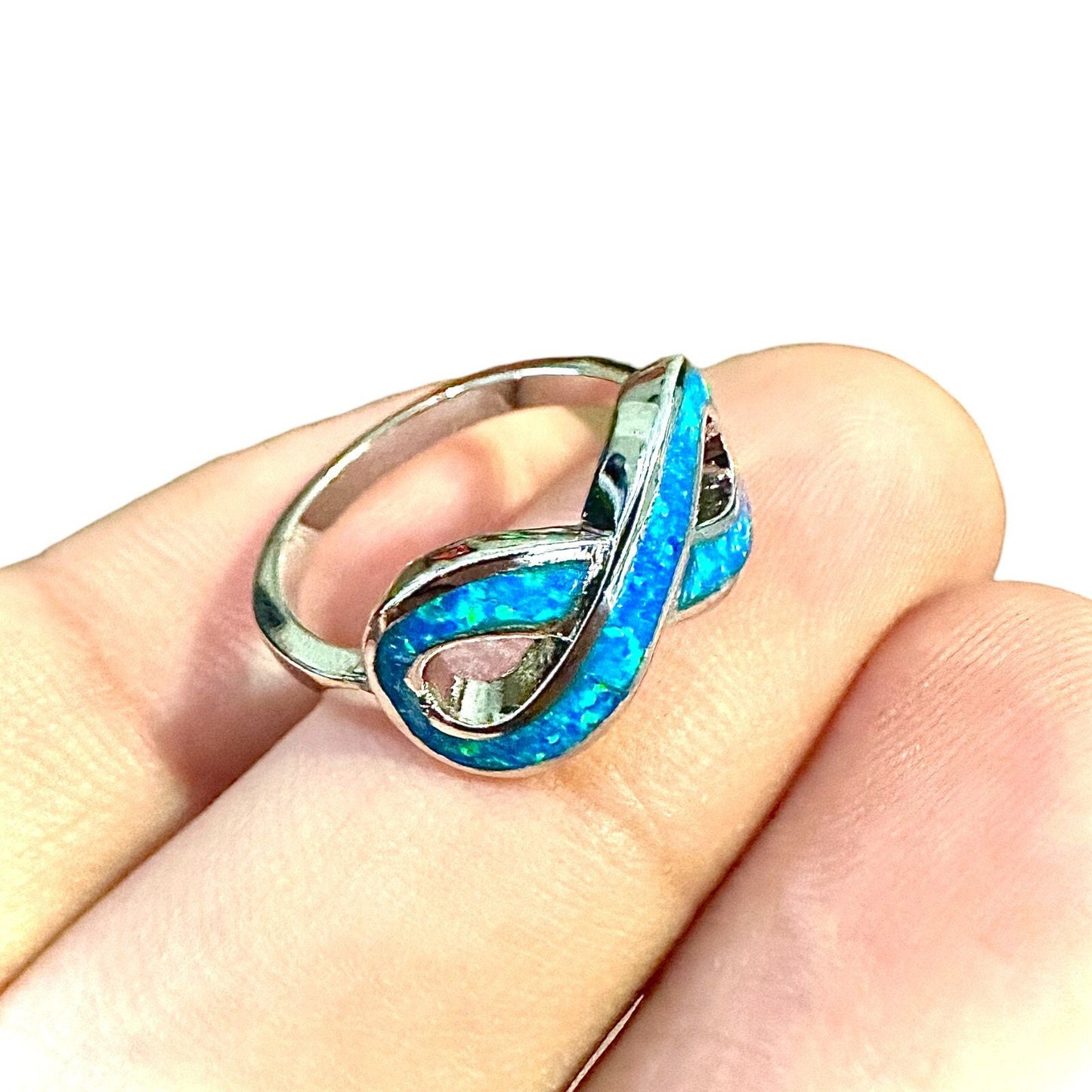 Blue Opal Infinity Ring for Women Silver Plated Size 6 7 8 9 Minimalist Ring Love Knot - leoshopdeals