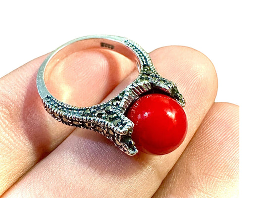 Red Pearl Marcasite Ring for Women Sterling Silver 925 3mm Minimalist Ring Size 6 7 8 9 - leoshopdeals