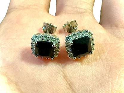 Black Cubic Zirconia Earrings Stud Sterling Silver 925, Cushion Cut Earrings, 9.9mm CZ & White Topaz Halo Earrings, Stud Earrings for Women - leoshopdeals