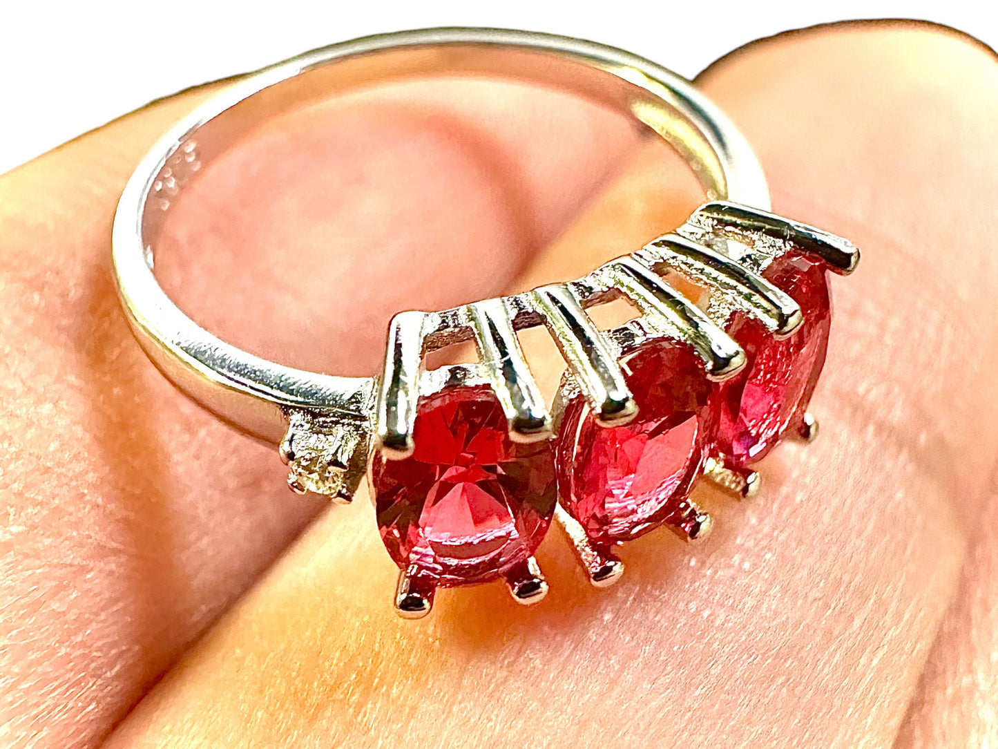 925 Sterling Silver Red Ruby Ring for Women Dainty 3 Stone Ring Women Engagement Unique 3.00 CTTW - leoshopdeals