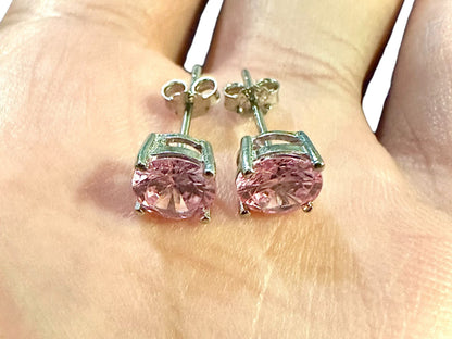 6mm Round Cut Pink Tourmaline Earrings, 925 Sterling Silver Earrings for Women, Pink Earrings, Silver Stud Earrings, Earrings Studs, Gift - leoshopdeals