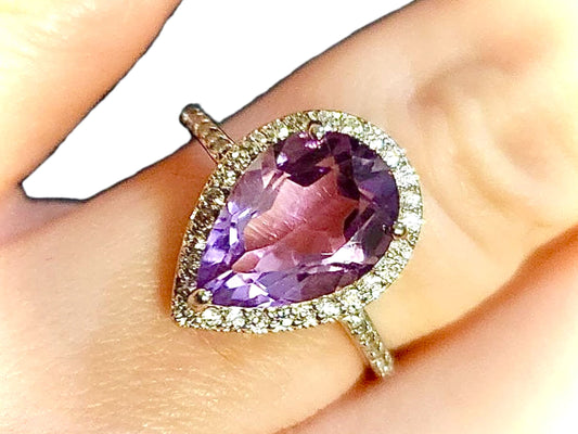 Purple Amethyst Ring for Women 925 Sterling Silver Pear Cut Ring Size 6 7 8 9, Teardrop Purple Ring Sterling Silver - leoshopdeals