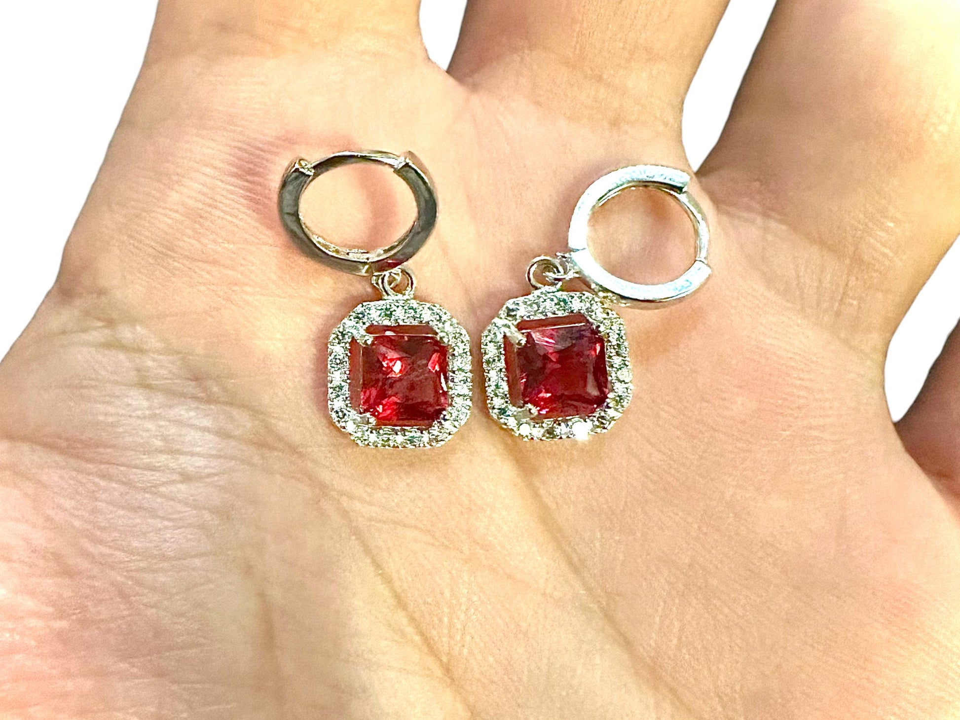 Red Ruby Drop Dangle Earrings with Halo 925 Sterling Silver Leverback Hoop Cute Earrings for Women, Gift for Her, Gift for Mom - leoshopdeals