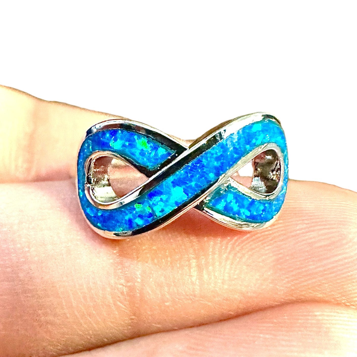 Blue Opal Infinity Ring for Women Silver Plated Size 6 7 8 9 Minimalist Ring Love Knot - leoshopdeals