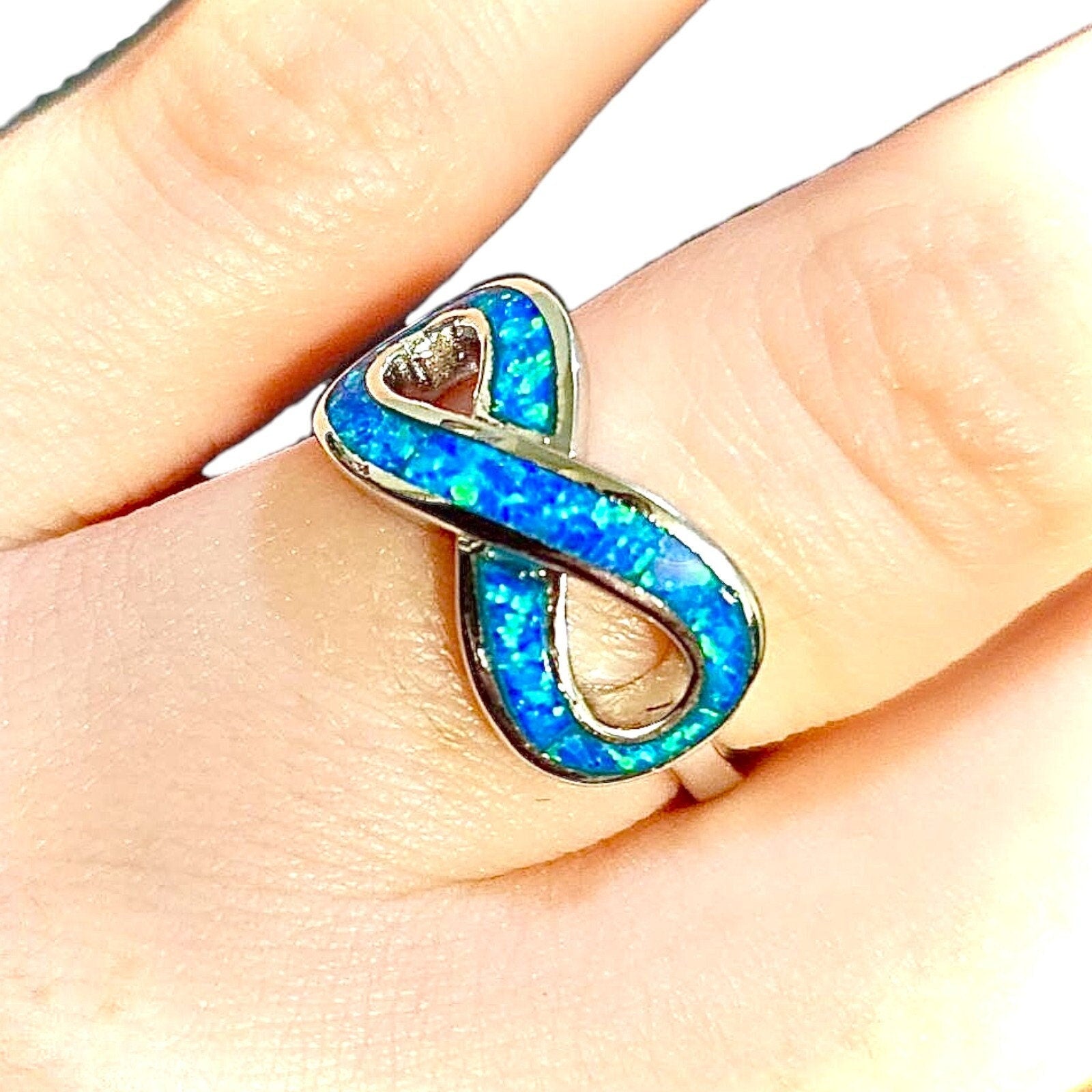 Blue Opal Infinity Ring for Women Silver Plated Size 6 7 8 9 Minimalist Ring Love Knot - leoshopdeals