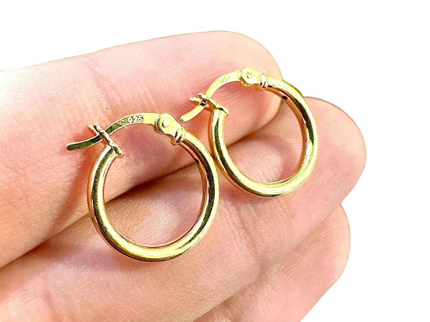 15MM Hoop Earrings 14K Gold Plated Finish 925 Sterling Silver 2mm - leoshopdeals