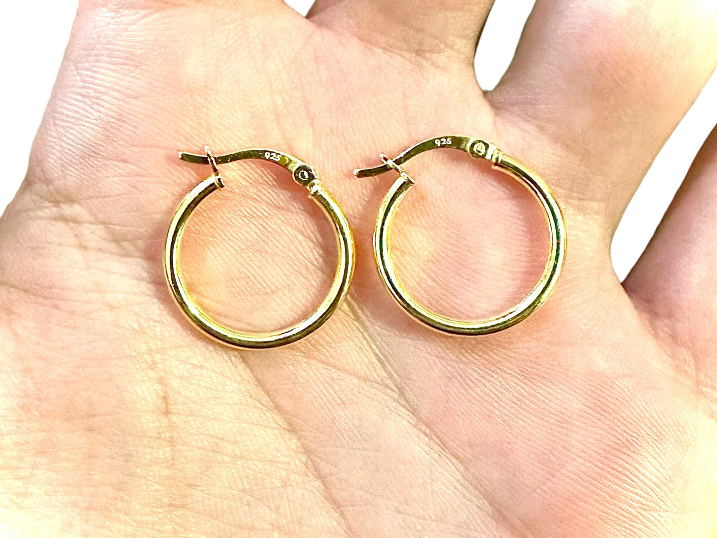 14K Gold Plated Hoop Earrings for Women 925 Sterling Silver 20MM, Round Hoop Earrings, Pierced Earrings, Gold Earrings, 20MM Gold Hoops - leoshopdeals