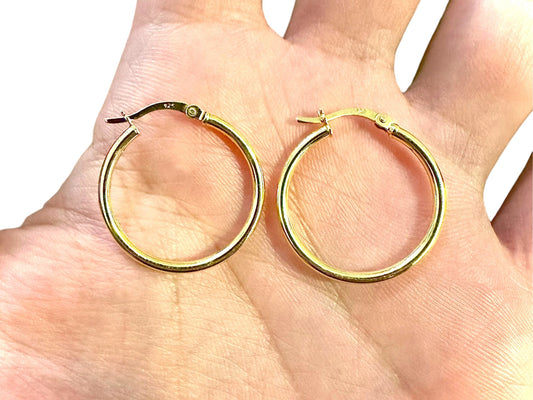 14K Gold Plated Hoop Earrings for Women 925 Sterling Silver 25MM, Round Hoop Earrings, Pierced Earrings, Gold Earrings, 25MM Gold Hoops - leoshopdeals