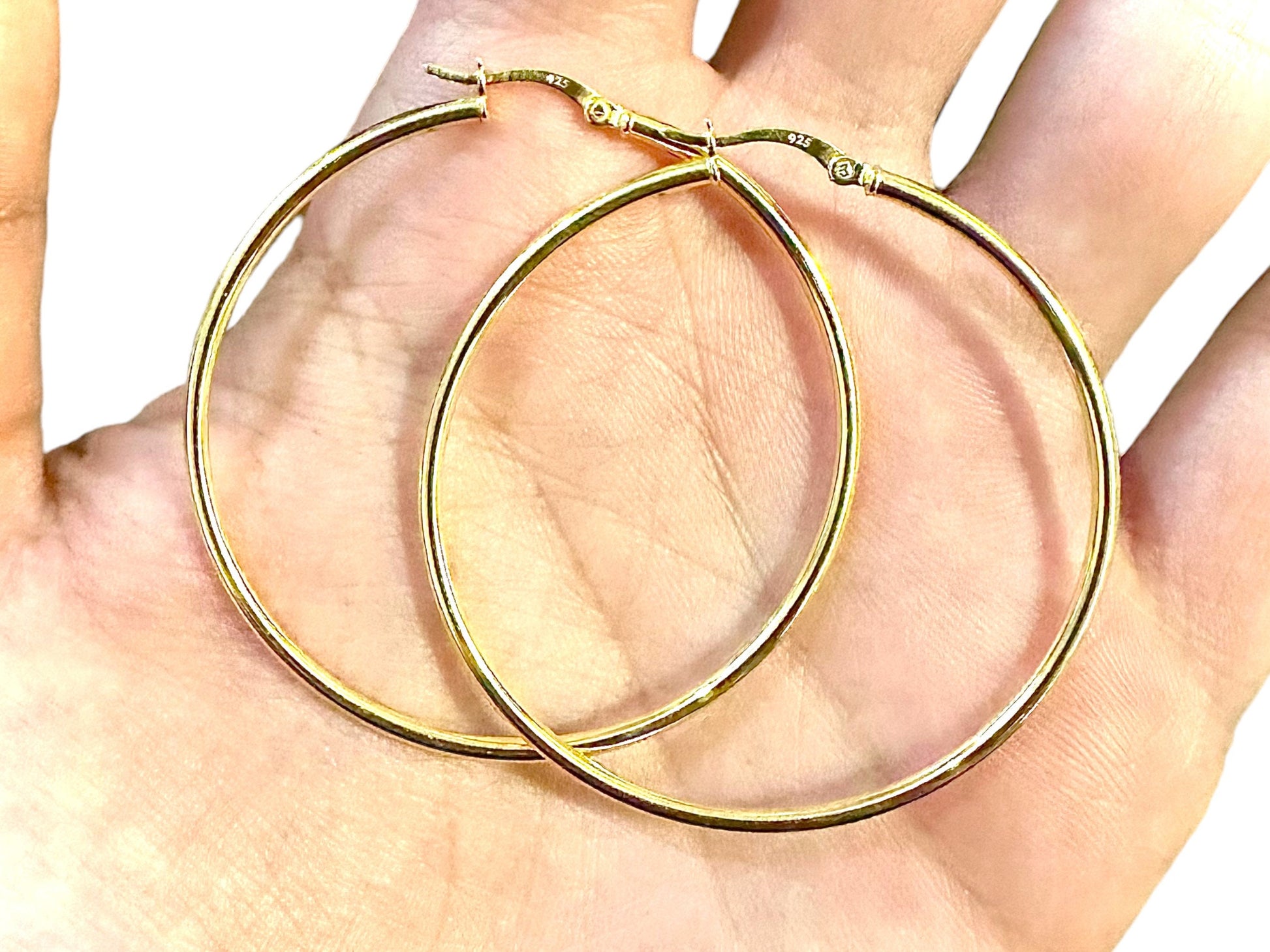 50MM Hoop Earrings 14K Gold Plated Finish 925 Sterling Silver 2mm - leoshopdeals