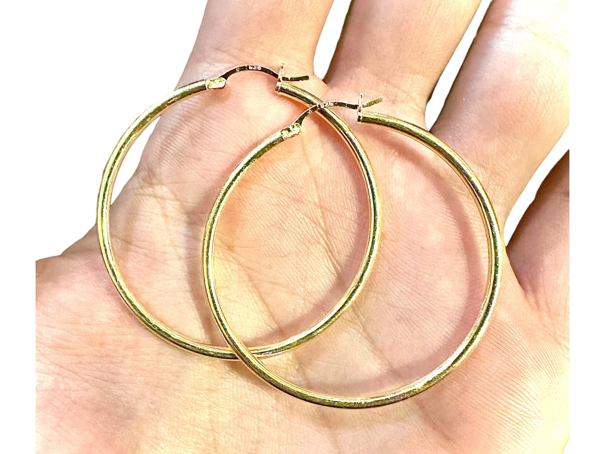 14K Gold Plated Hoop Earrings for Women 925 Sterling Silver 45MM, Round Hoop Earrings, Pierced Earrings, Gold Earrings, 45MM Gold Hoops - leoshopdeals