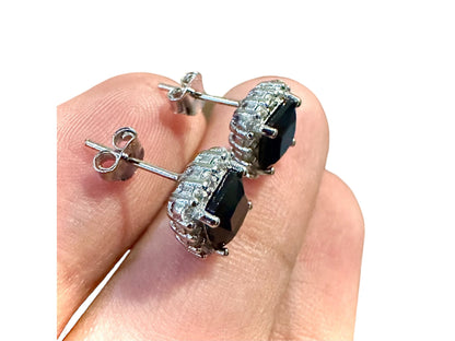 Black Cubic Zirconia Earrings Stud Sterling Silver 925, Cushion Cut Earrings, 9.9mm CZ & White Topaz Halo Earrings, Stud Earrings for Women - leoshopdeals