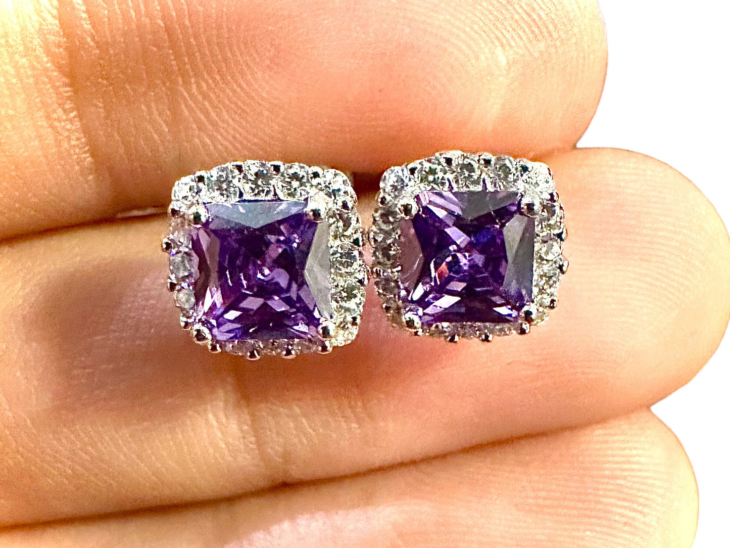 Amethyst Earrings Stud Sterling Silver 925, Cushion Cut Earrings, 9.9mm Amethyst and White Topaz Halo Earrings, Stud Earrings for Women - leoshopdeals