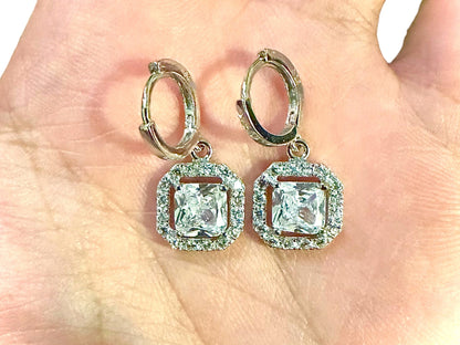 925 Sterling Silver White Topaz Drop Dangle Earrings with Halo Leverback - leoshopdeals