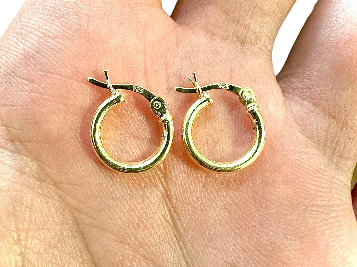 12MM Hoop Earrings 14K Gold Plated Finish 925 Sterling Silver 2mm - leoshopdeals