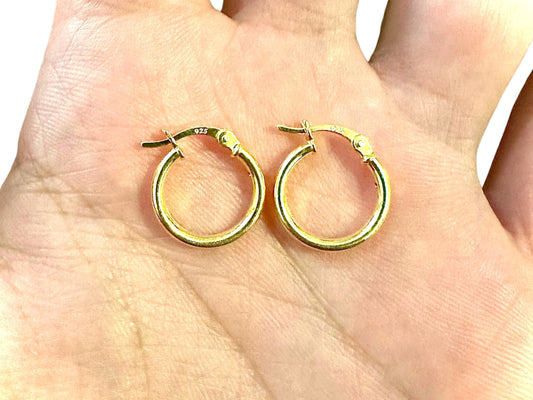 14K Gold Plated Hoop Earrings for Women 925 Sterling Silver 15MM, Round Hoop Earrings, Pierced Earrings, Gold Earrings, 15MM Gold Hoops - leoshopdeals