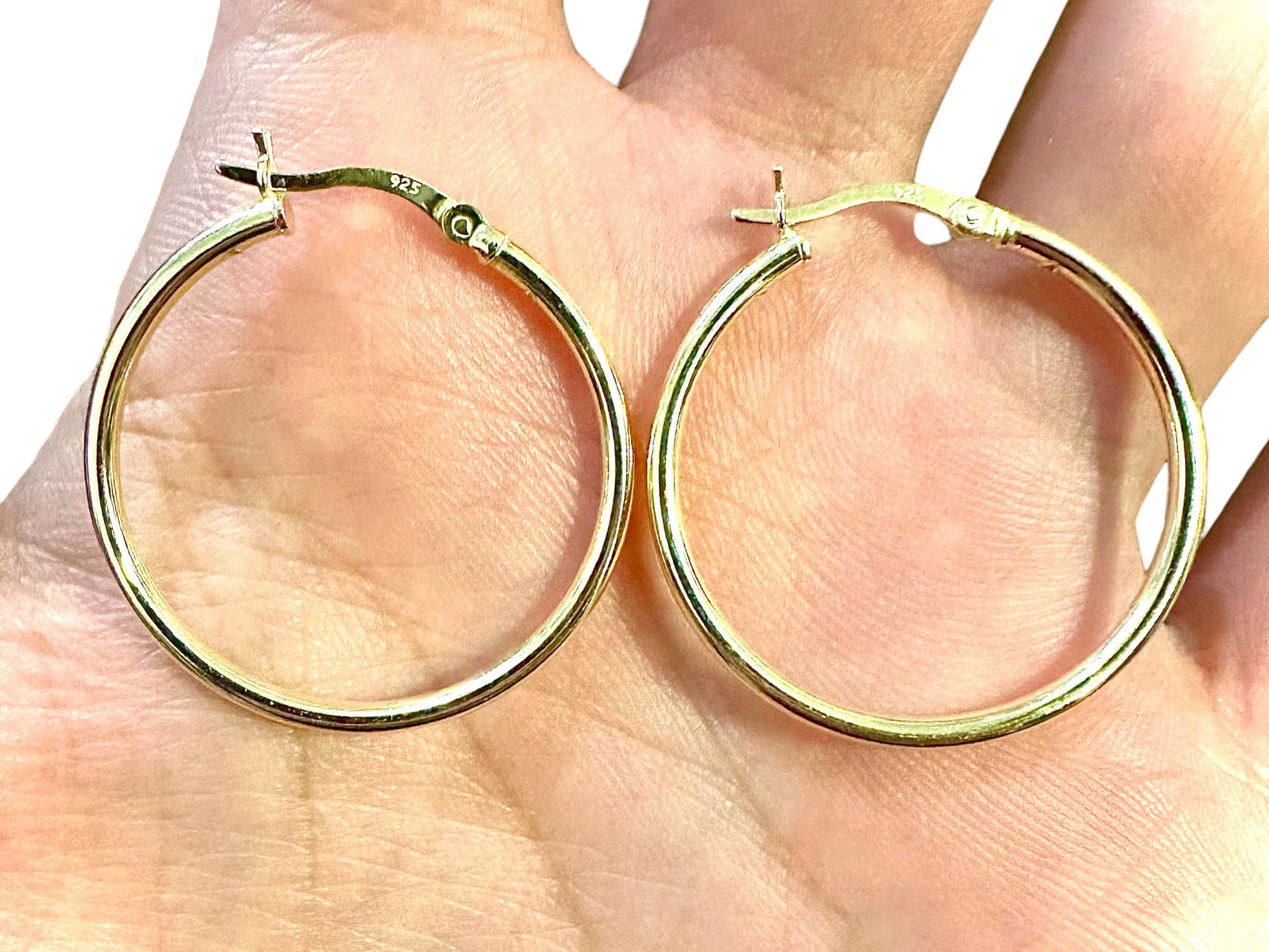 30MM Hoop Earrings 14K Gold Plated Finish 925 Sterling Silver 2mm - leoshopdeals