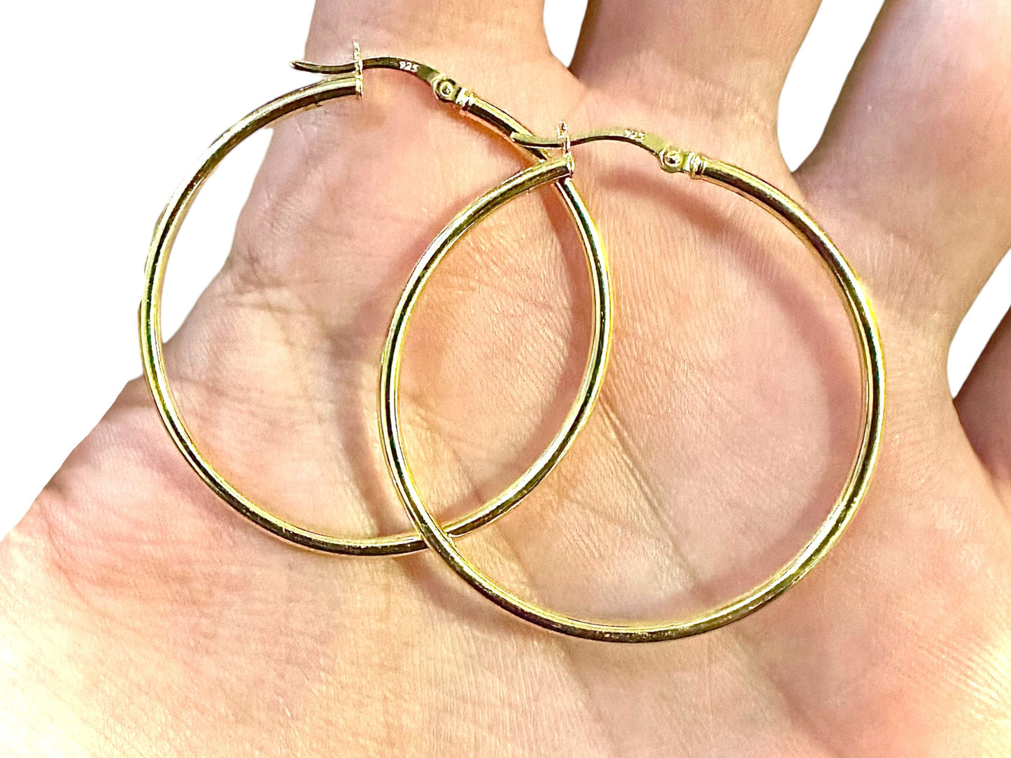 40MM Hoop Earrings 14K Gold Plated Finish 925 Sterling Silver 2mm - leoshopdeals