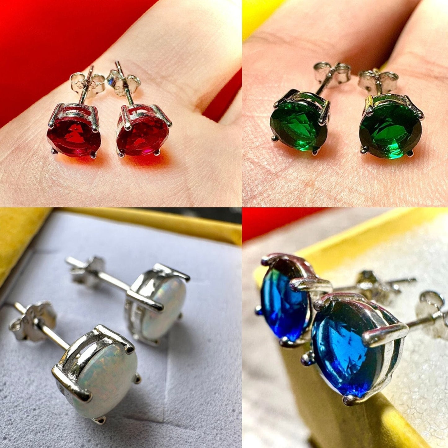 Stud Earrings for Women Sterling Silver 925, Birthstone Earrings Sapphire Emerald Citrine Emerald Opal Amethyst Ruby Tanzanite Topaz 6MM - leoshopdeals