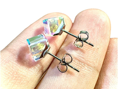 Square  Earrings 18K White Gold Plated, Aurora Borealis Earrings Women, 5MM Stud Crystal Earrings Silver, Jewelry for Women, Gift for Her - leoshopdeals